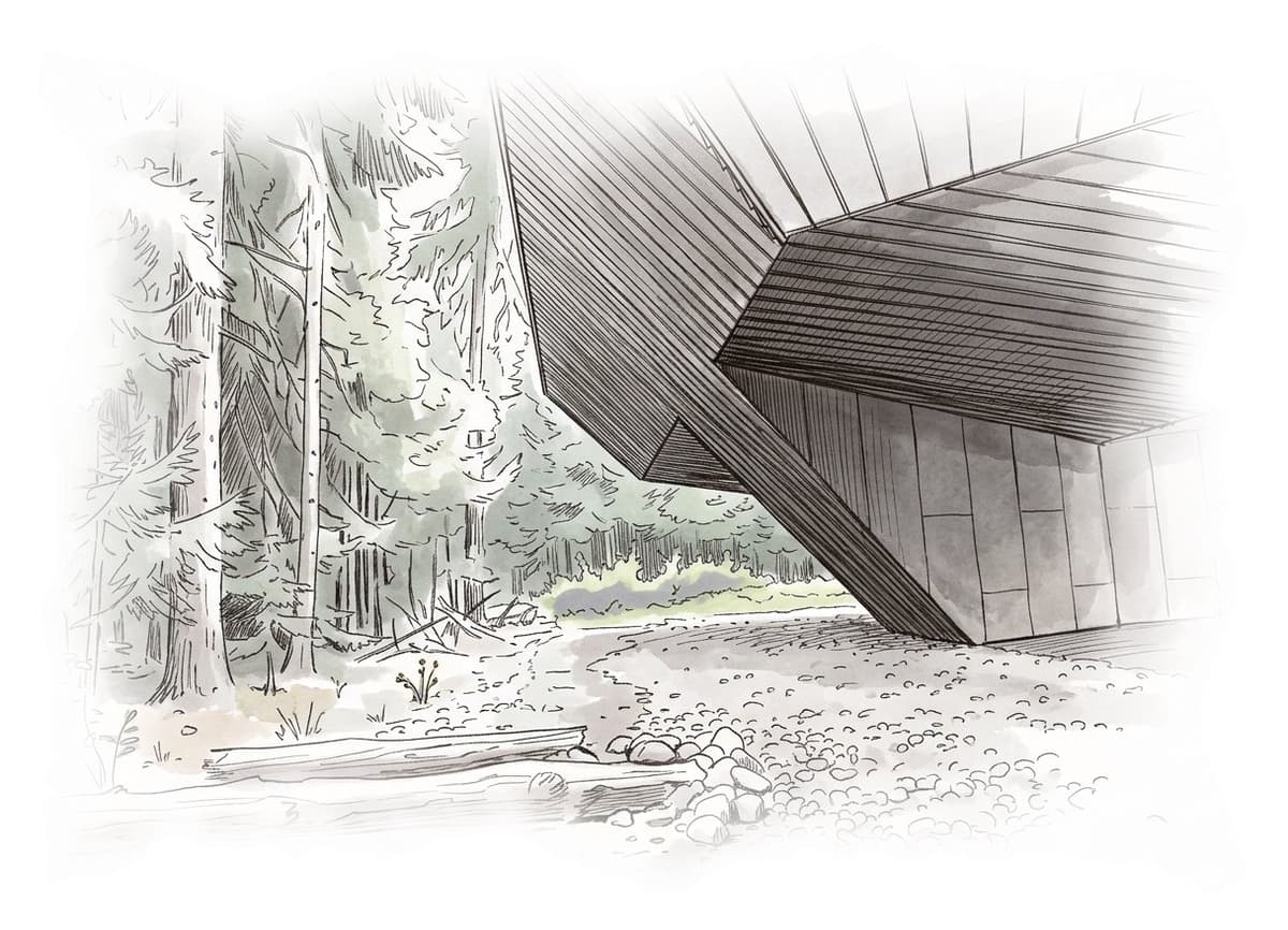 Ink and wash painting of Audain Art Museum.