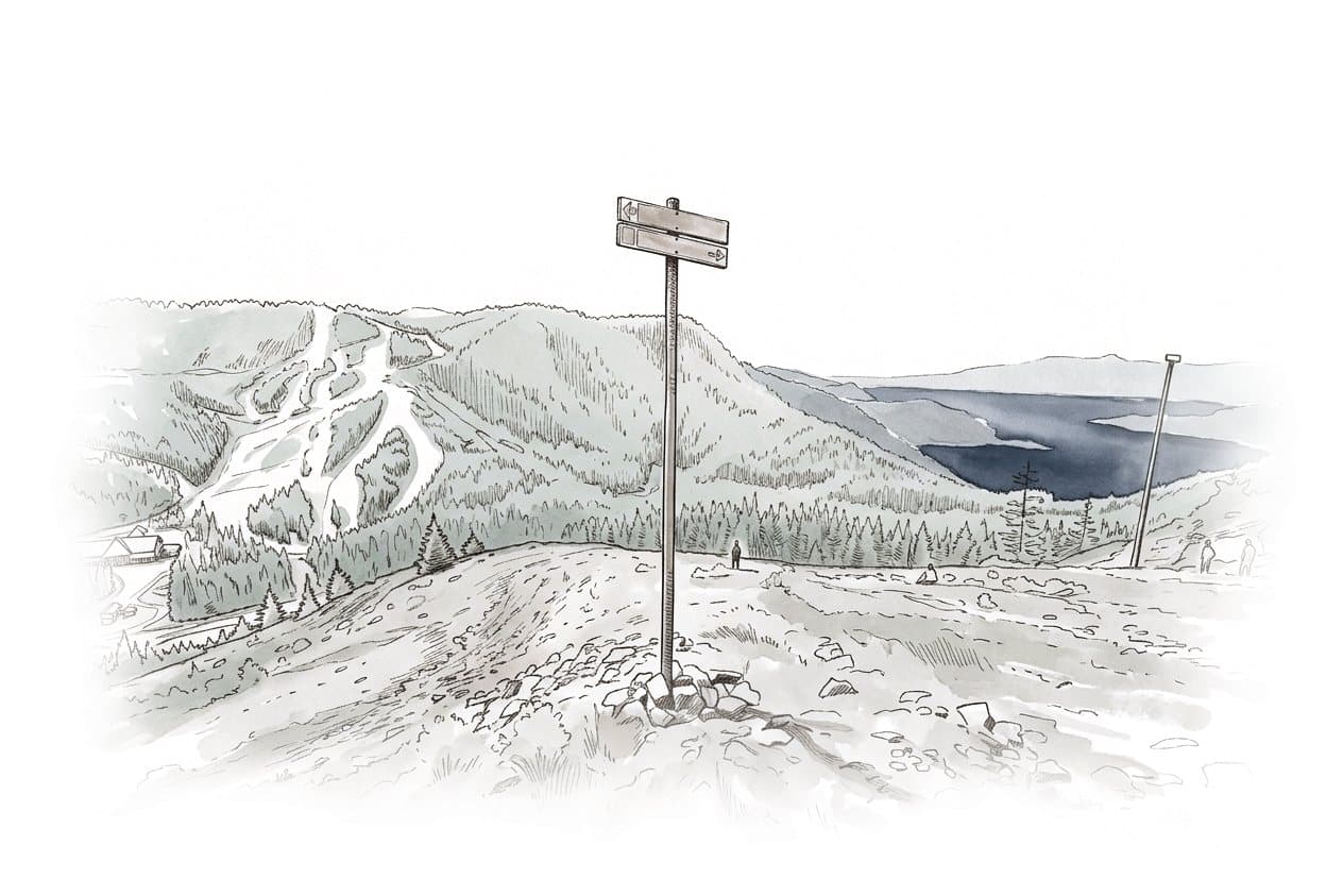 Ink and wash painting of Cypress and Black Mountain.