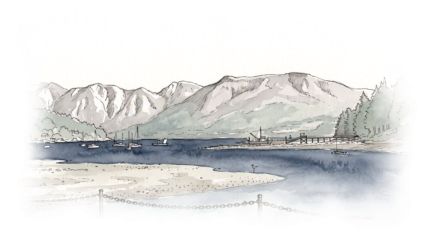 Ink and wash painting of Bowen Island.