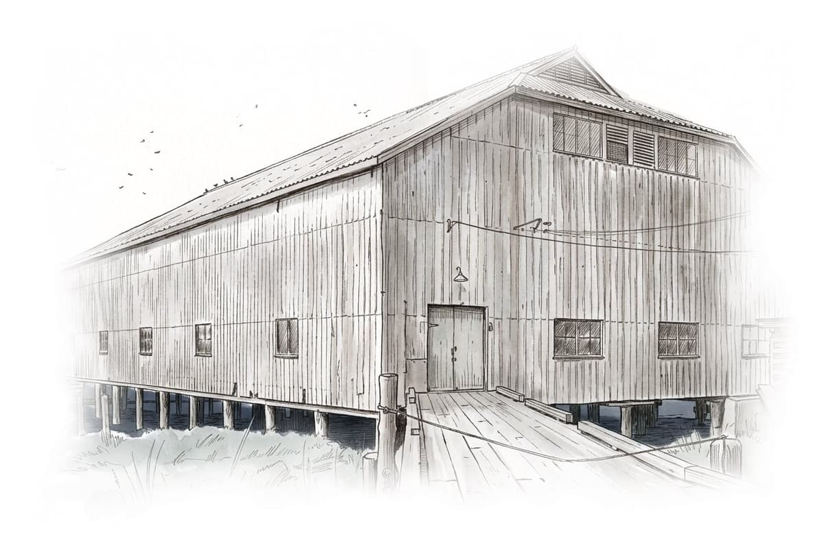 Ink and wash painting of Britannia Shipyards.