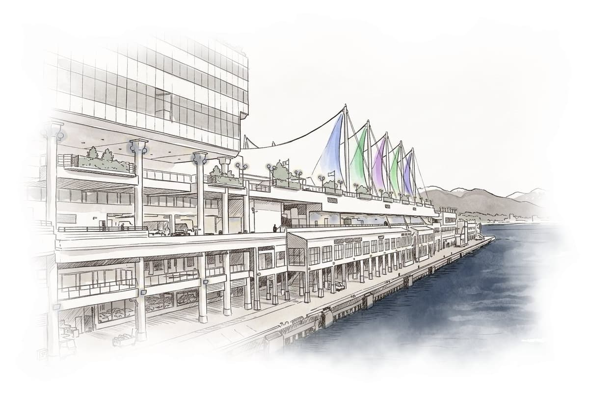 Ink and wash painting of Canada Place.