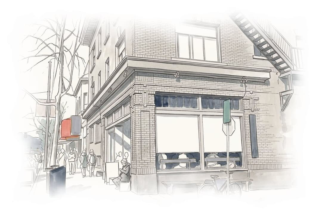 Ink and wash painting of Commercial Drive.