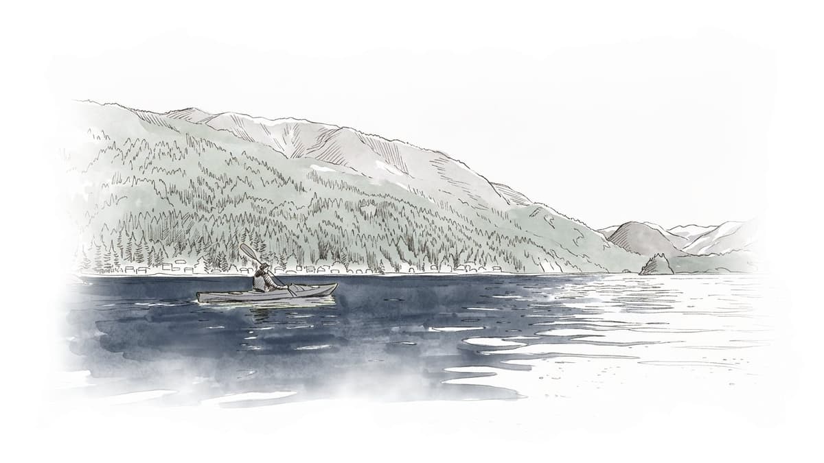 Ink and wash painting of Deep Cove.