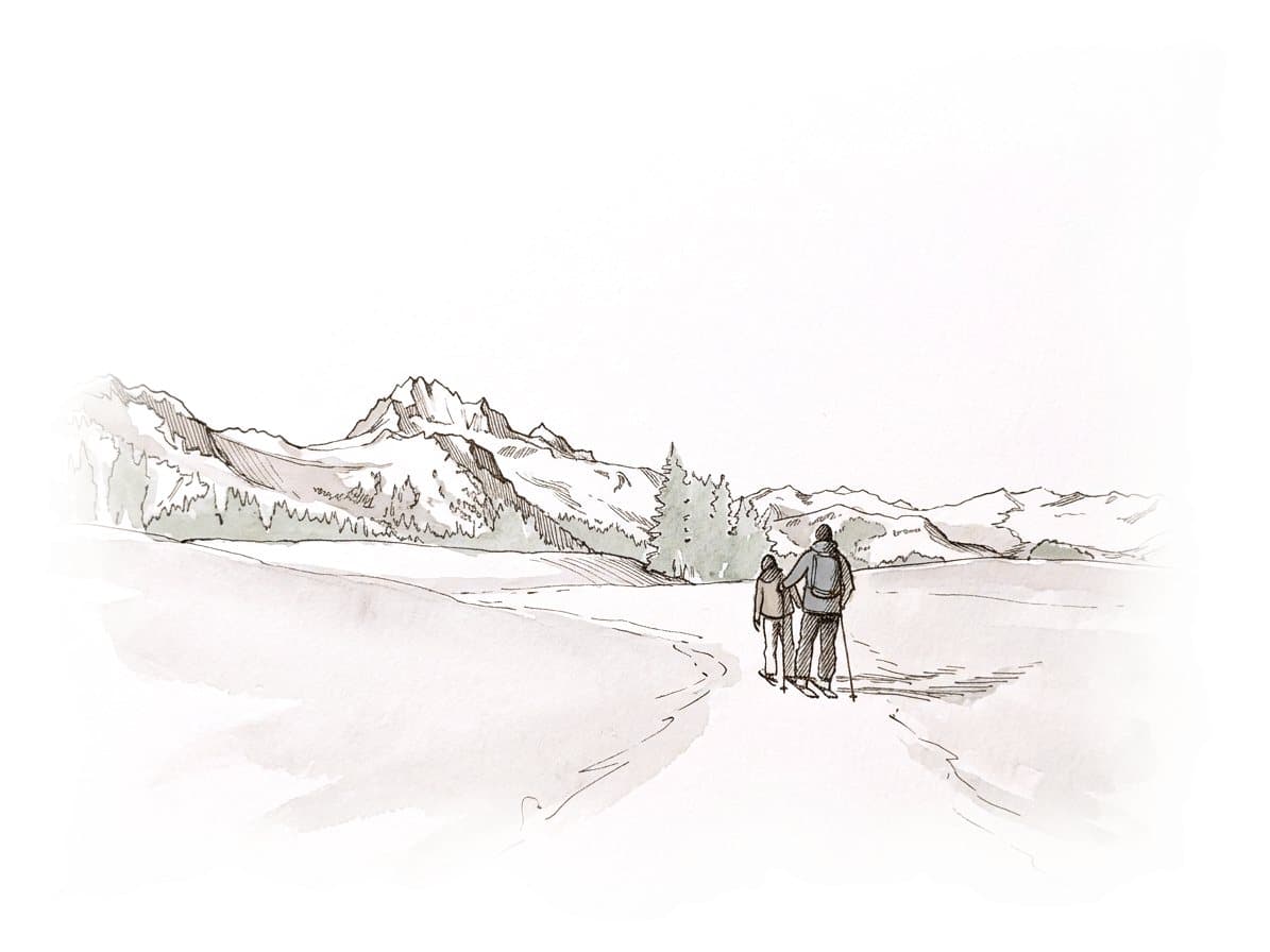 Ink and wash painting of Diamond Head and Elfin Lakes.