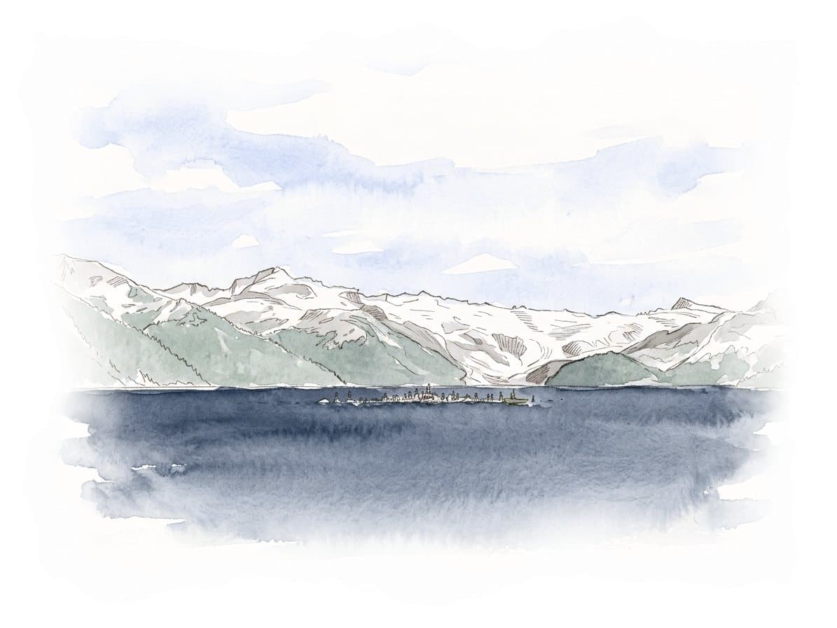 Ink and wash painting of Garibaldi Lake.