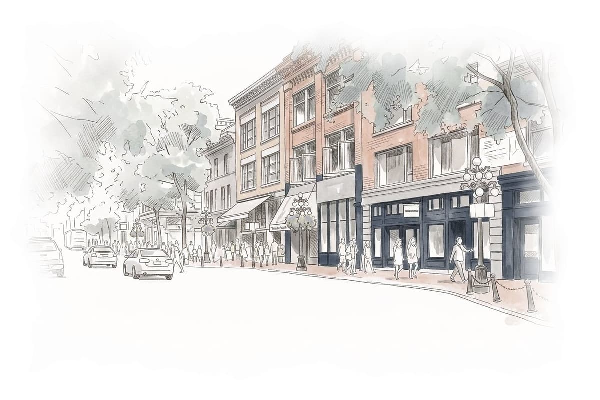 Ink and wash painting of Gastown.