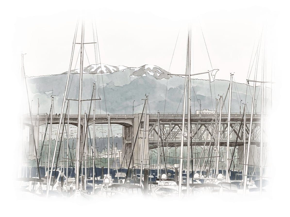 Ink and wash painting of Granville Island.