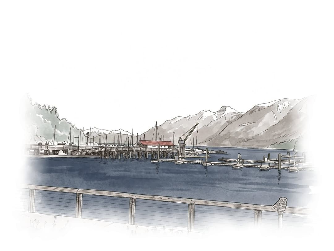 Ink and wash painting of Horseshoe Bay and Whytecliff Park.