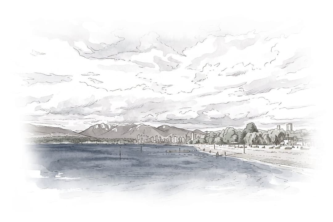 Ink and wash painting of Kitsilano.