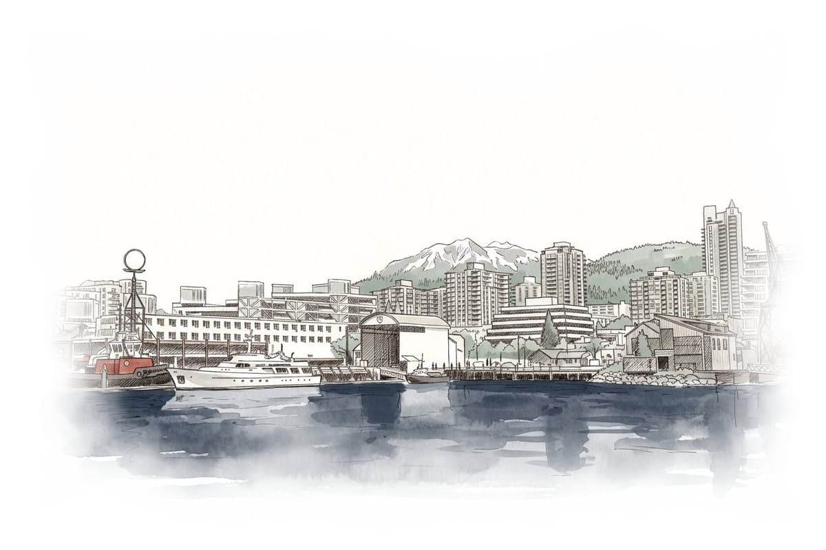 Ink and wash painting of The Shipyards.