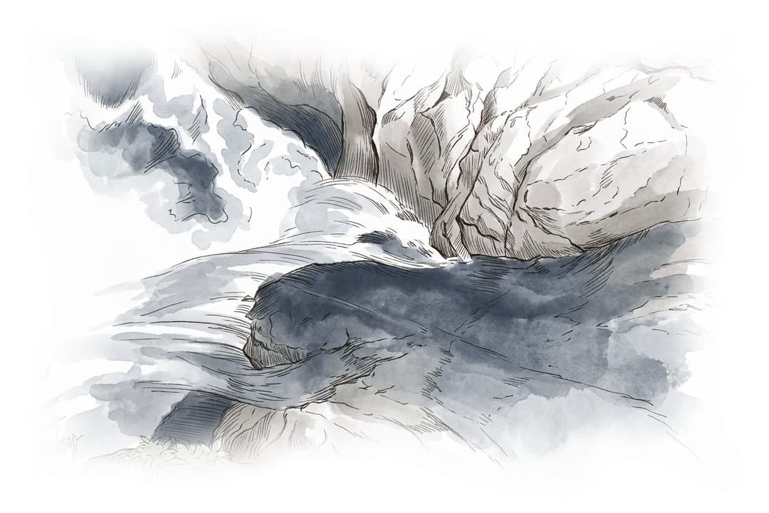Ink and wash painting of Twin Falls Loop at Lynn Canyon.
