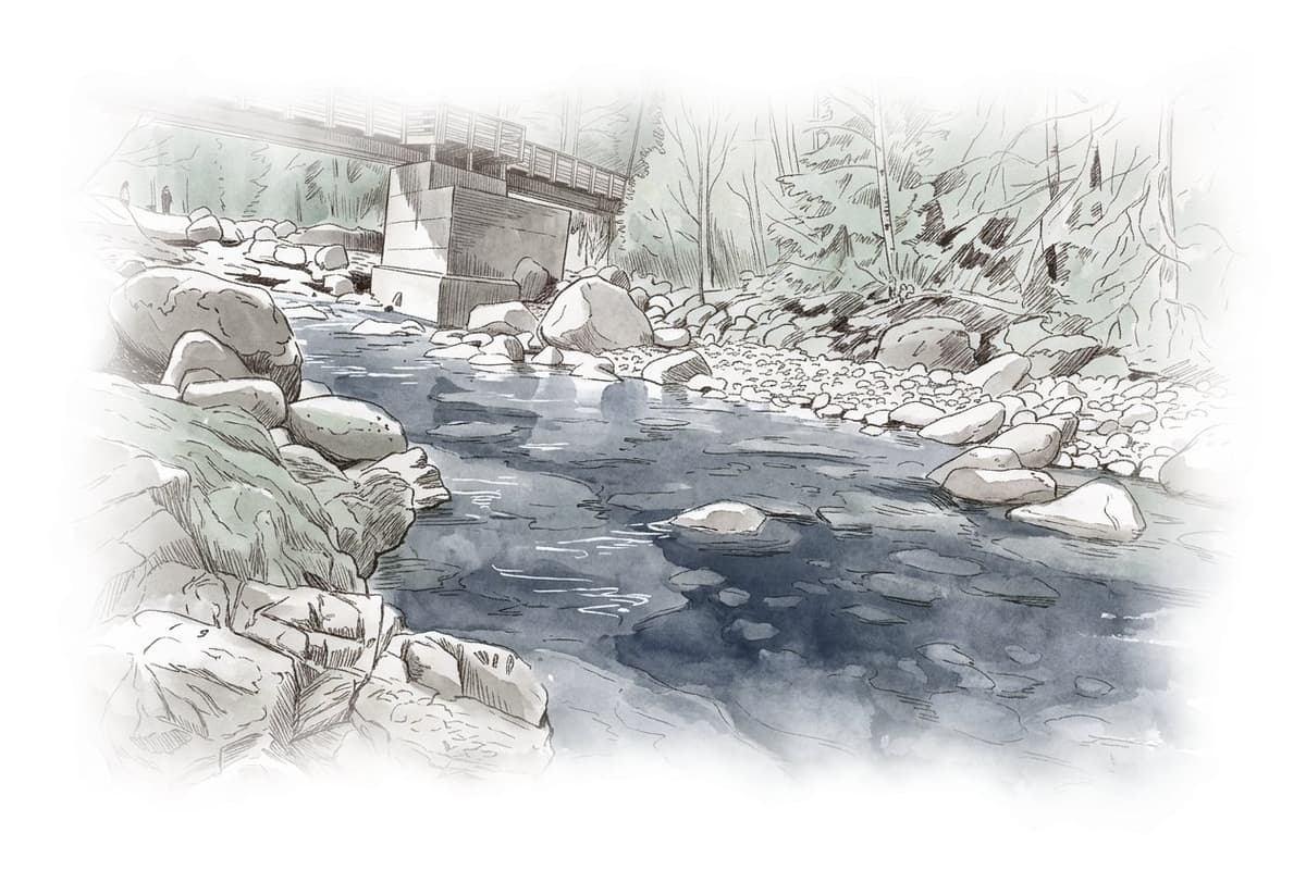 Ink and wash painting of Lynn Loop at Lynn Headwaters.