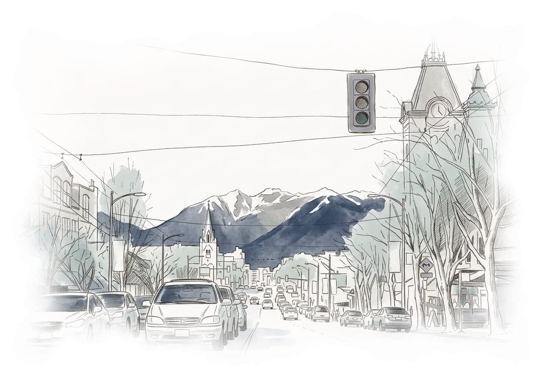 Ink and wash painting of Main Street.
