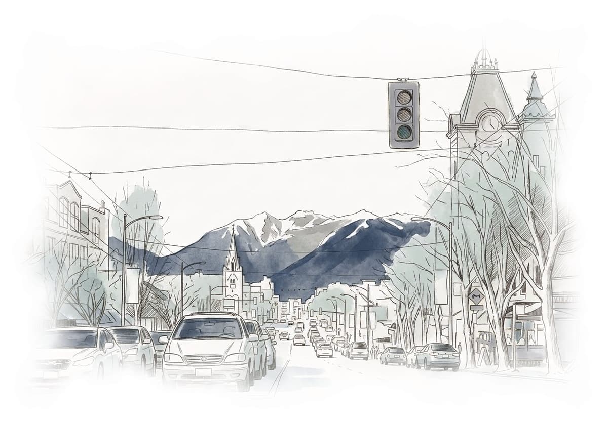 Ink and wash painting of Main Street.