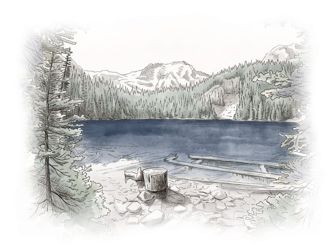 Ink and wash painting of Joffre Lakes.