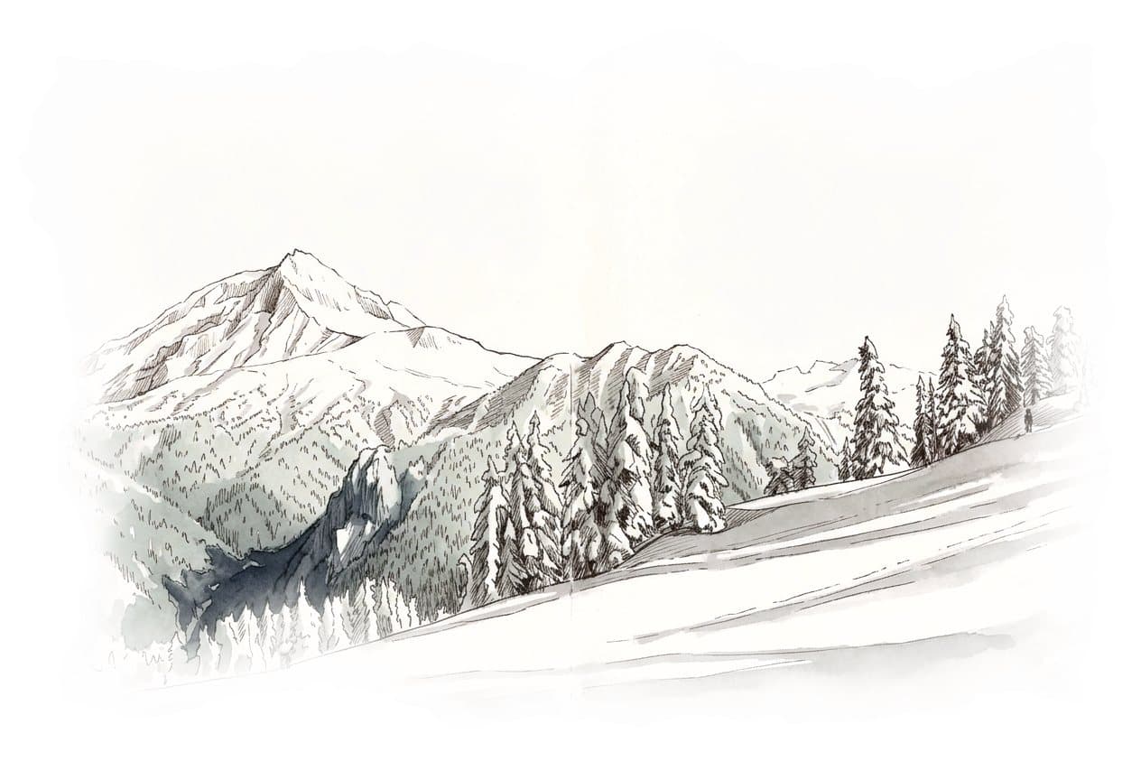 Ink and wash painting of Elfin Lakes.