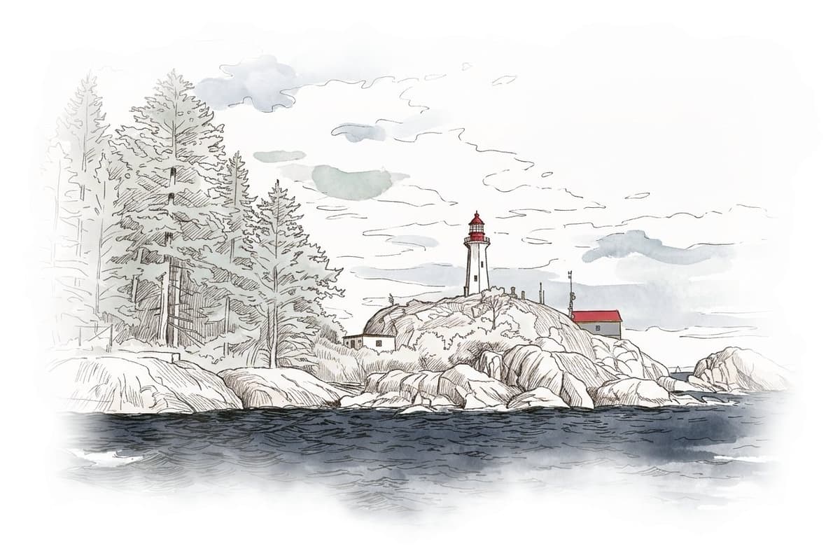 Ink and wash painting of Lighthouse Park.