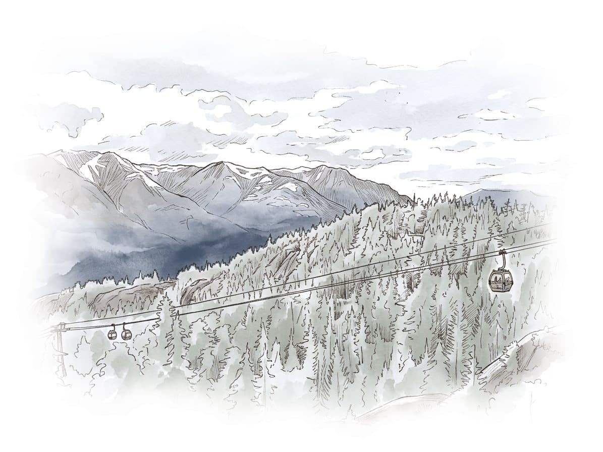 Ink and wash painting of Sea to Sky Gondola.