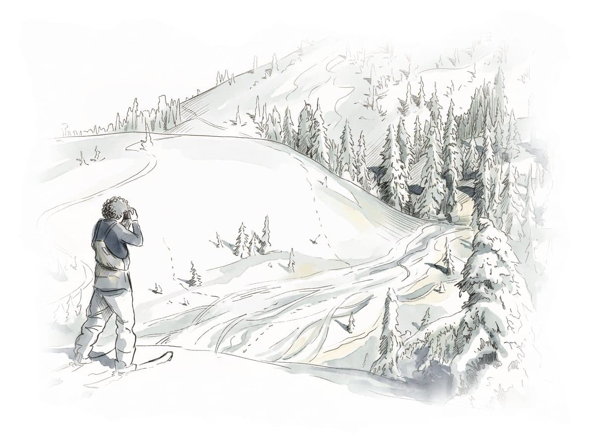 Ink and wash painting of Mount Seymour backcountry.