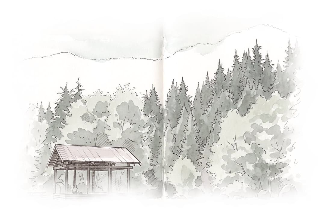Ink and wash painting of Seymour Valley Trailway.