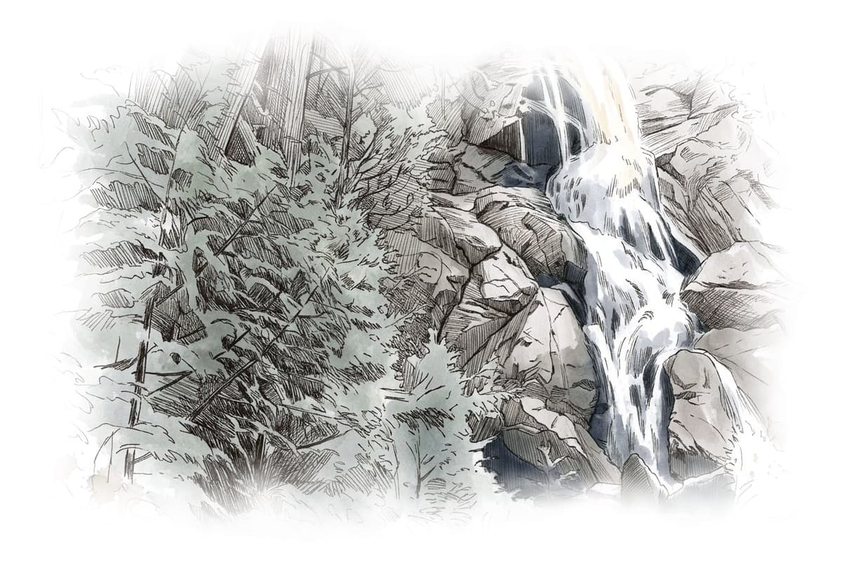 Ink and wash painting of Shannon Falls Provincial Park.
