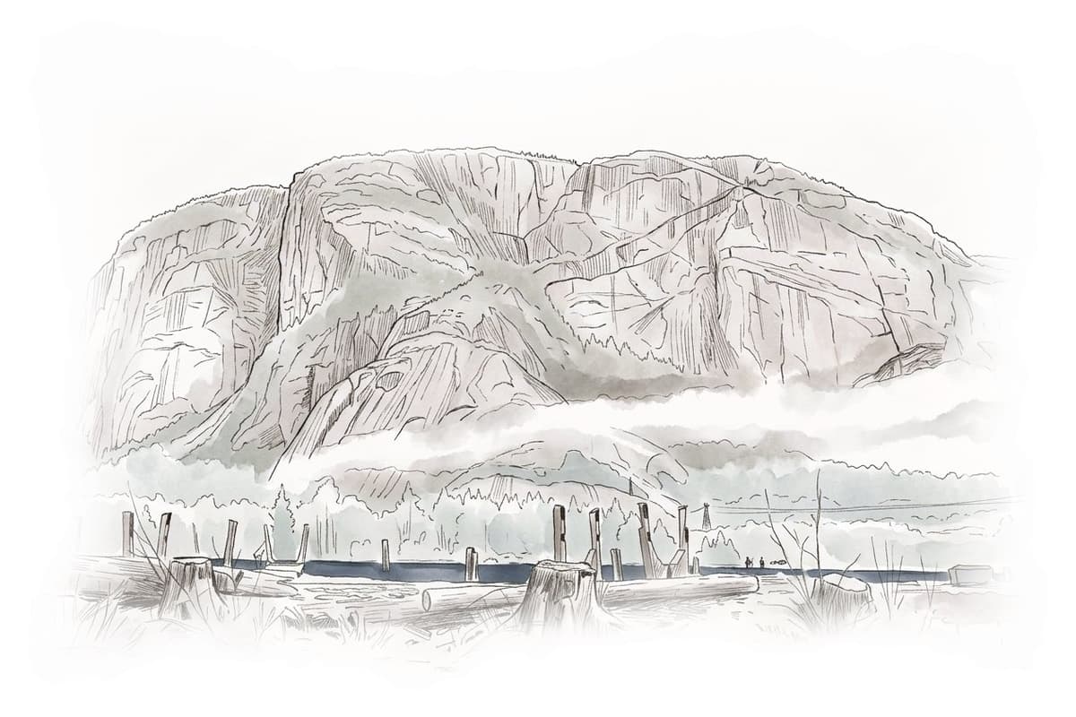 Ink and wash painting of Squamish.