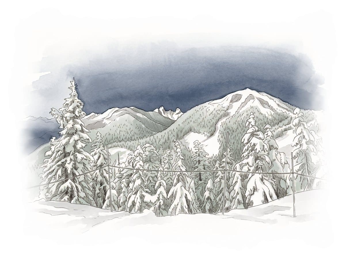 Ink and wash painting of Mount Strachan.
