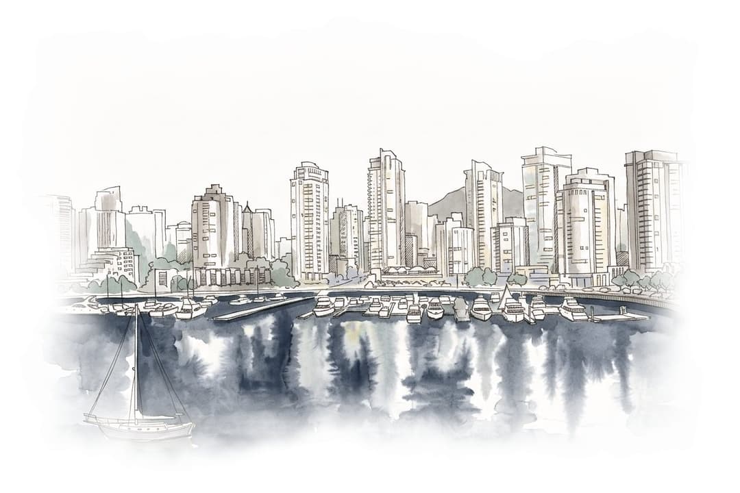 Ink and wash painting of Yaletown.