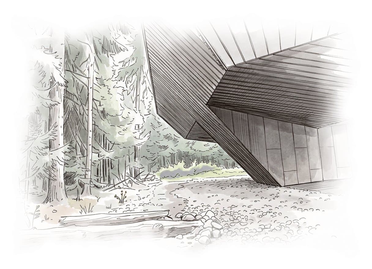 Ink and wash painting of Audain Art Museum.
