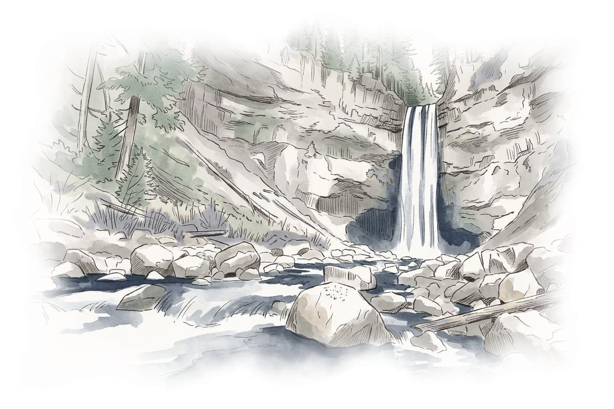 Ink and wash painting of Brandywine Falls.