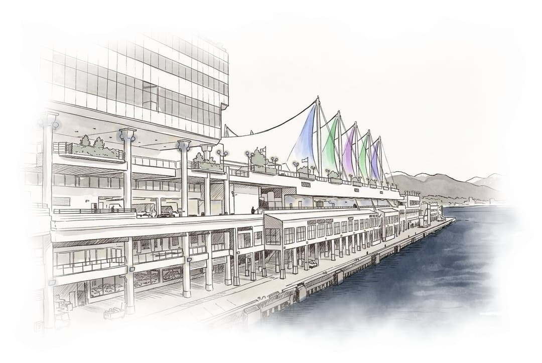 Ink and wash painting of Canada Place.