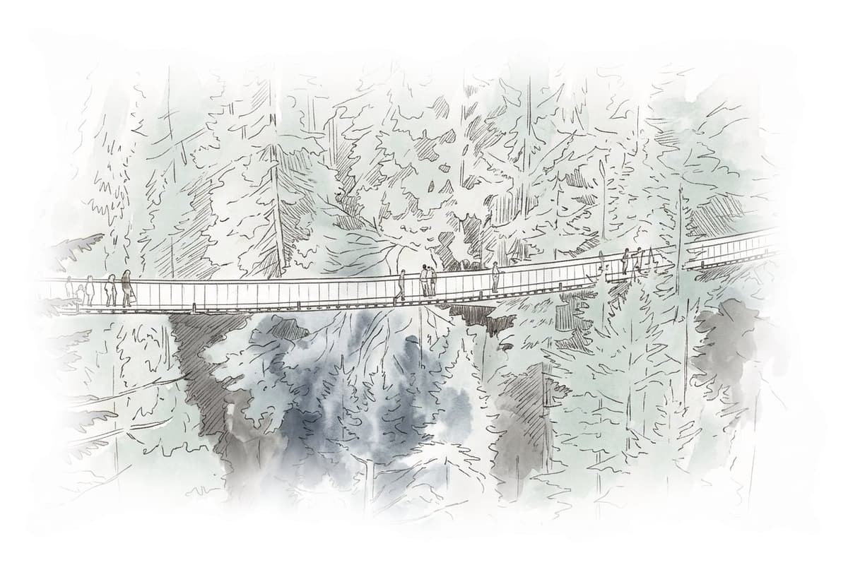 Ink and wash painting of Capilano Suspension Bridge Park.