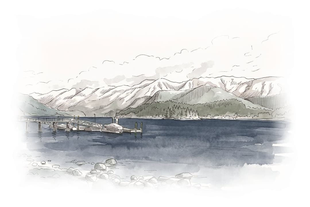Ink and wash painting of Whey-ah-Wichen/Cates Park.