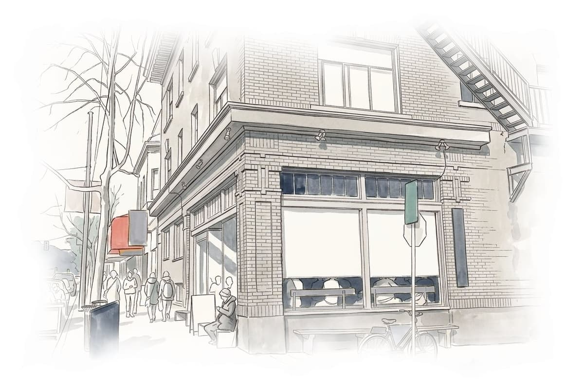 Ink and wash painting of Commercial Drive.