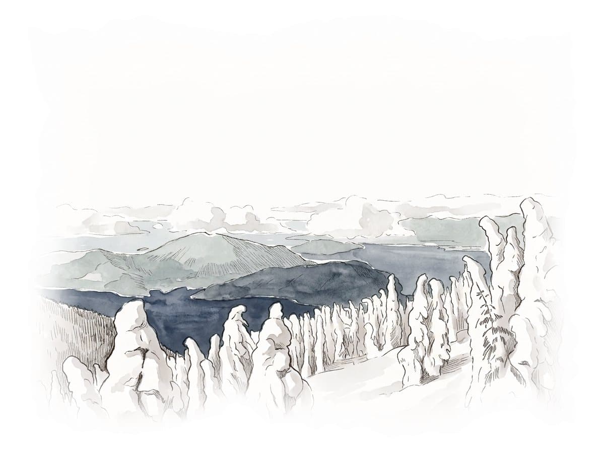 Ink and wash painting of Cypress Mountain.