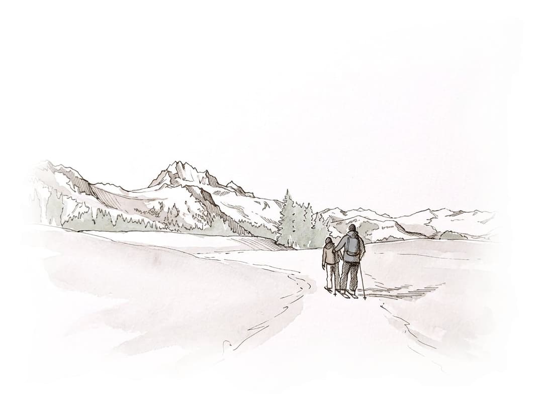 Ink and wash painting of Diamond Head and Elfin Lakes.