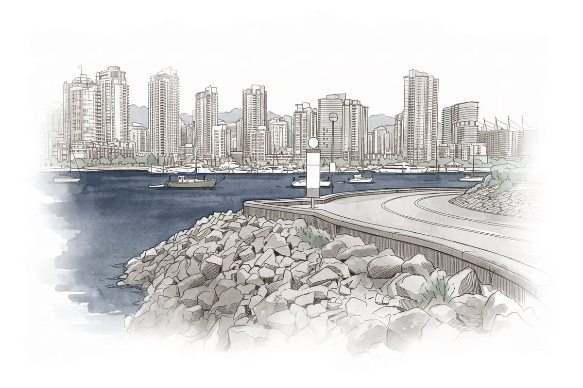 Ink and wash painting of Seaside Vancouver bike route.