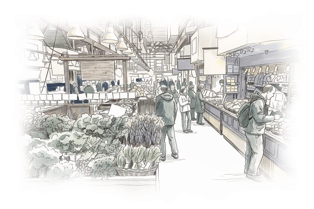 Ink and wash painting of Granville Island Public Market.