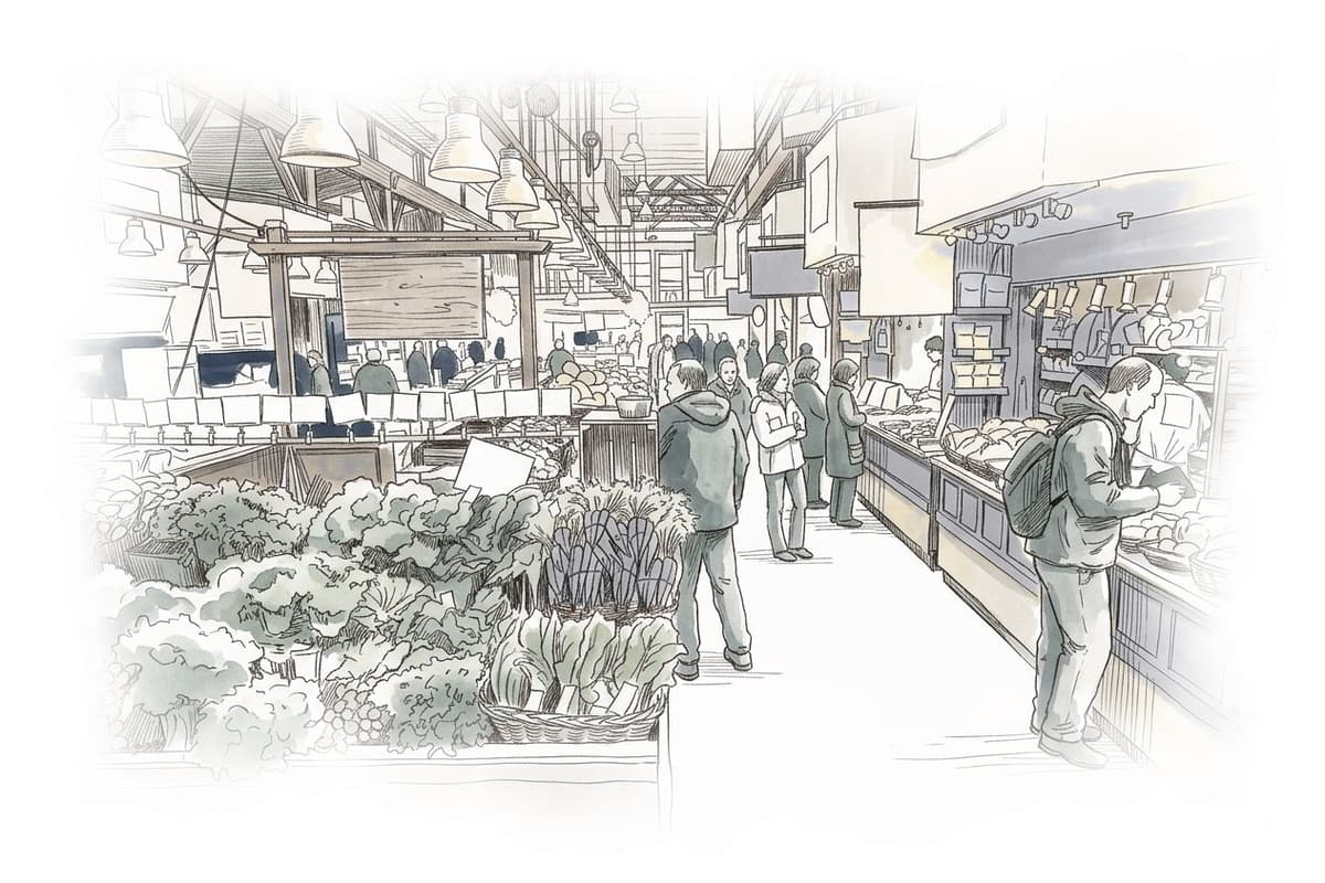 Ink and wash painting of Granville Island Public Market.