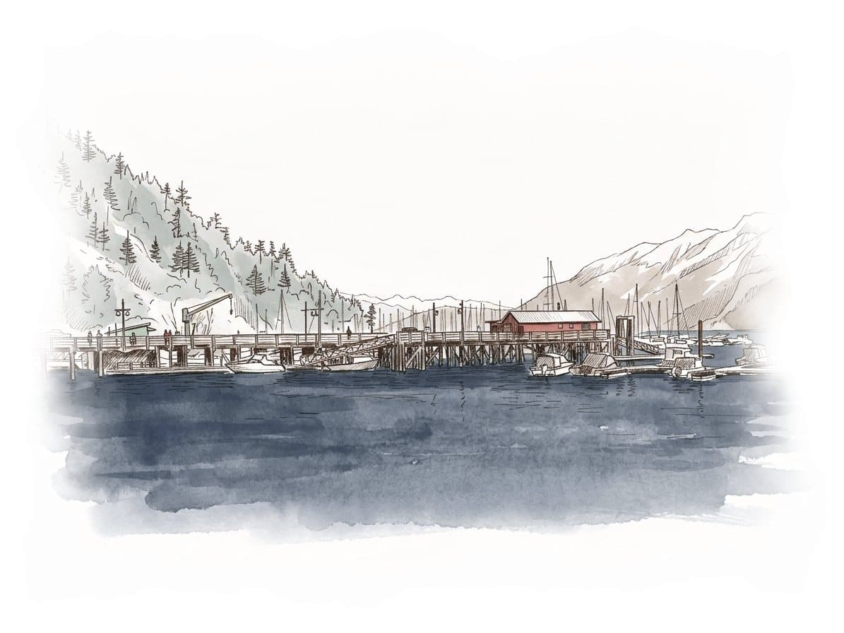 Ink and wash painting of Horseshoe Bay.