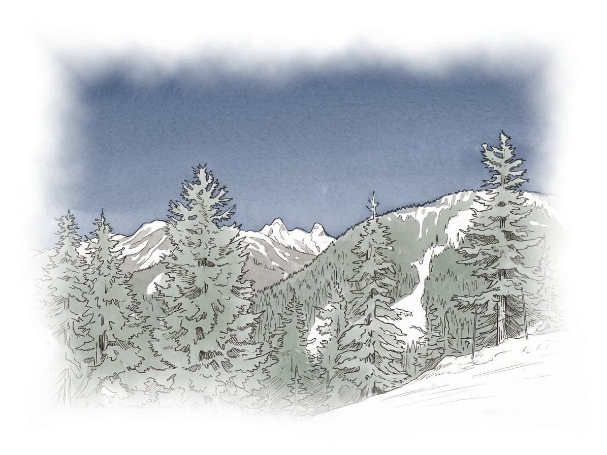 Ink and wash painting of Black Mountain and Bowen Lookout.