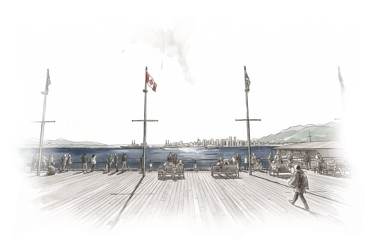 Ink and wash painting of Lonsdale Quay Market.