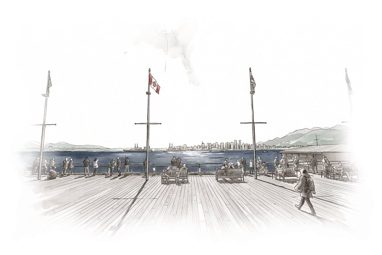 Ink and wash painting of Lonsdale Quay Market.