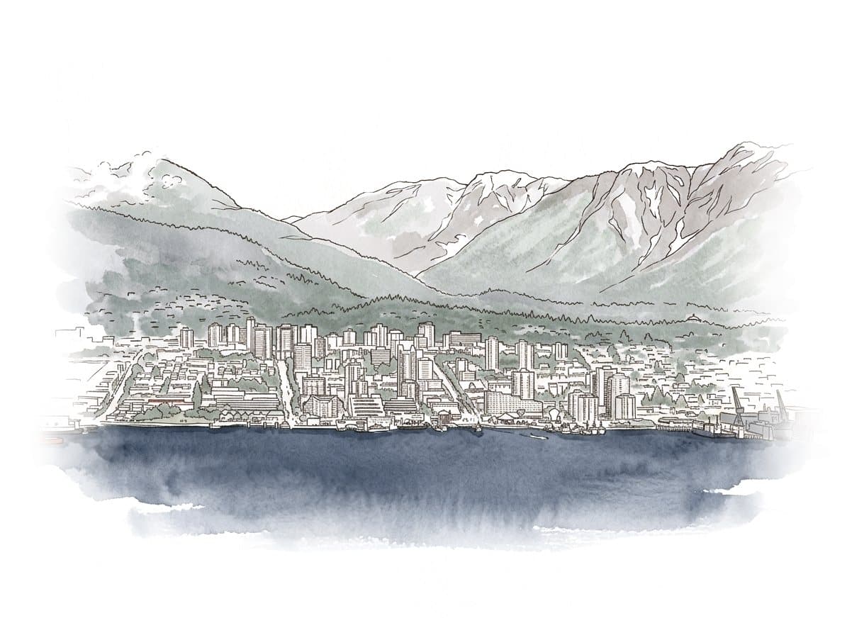 Ink and wash painting of Vancouver Lookout.