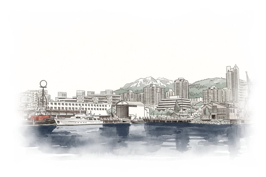 Ink and wash painting of The Shipyards.