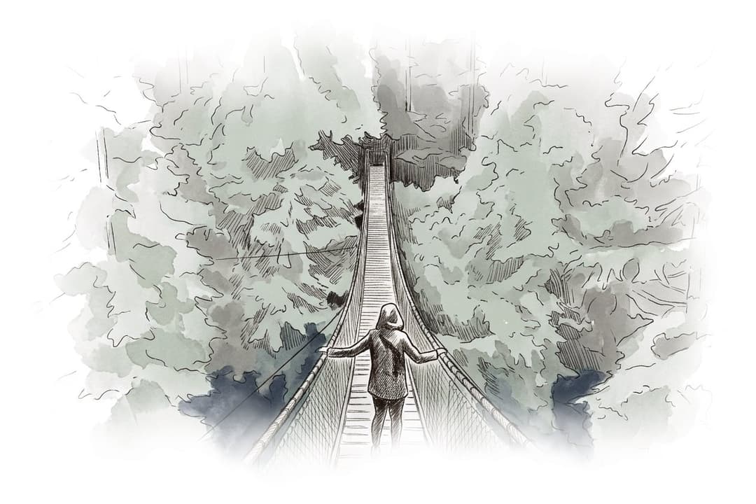 Ink and wash painting of Lynn Canyon Park.