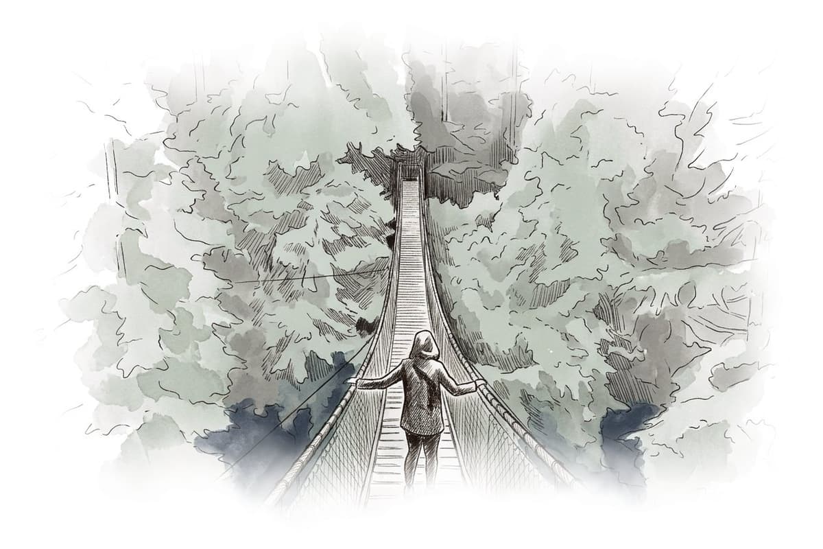 Ink and wash painting of Lynn Canyon Park.