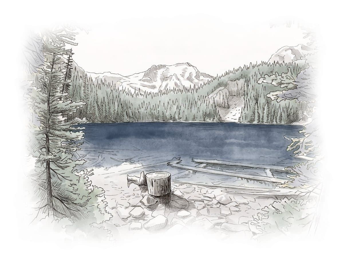 Ink and wash painting of Joffre Lakes.