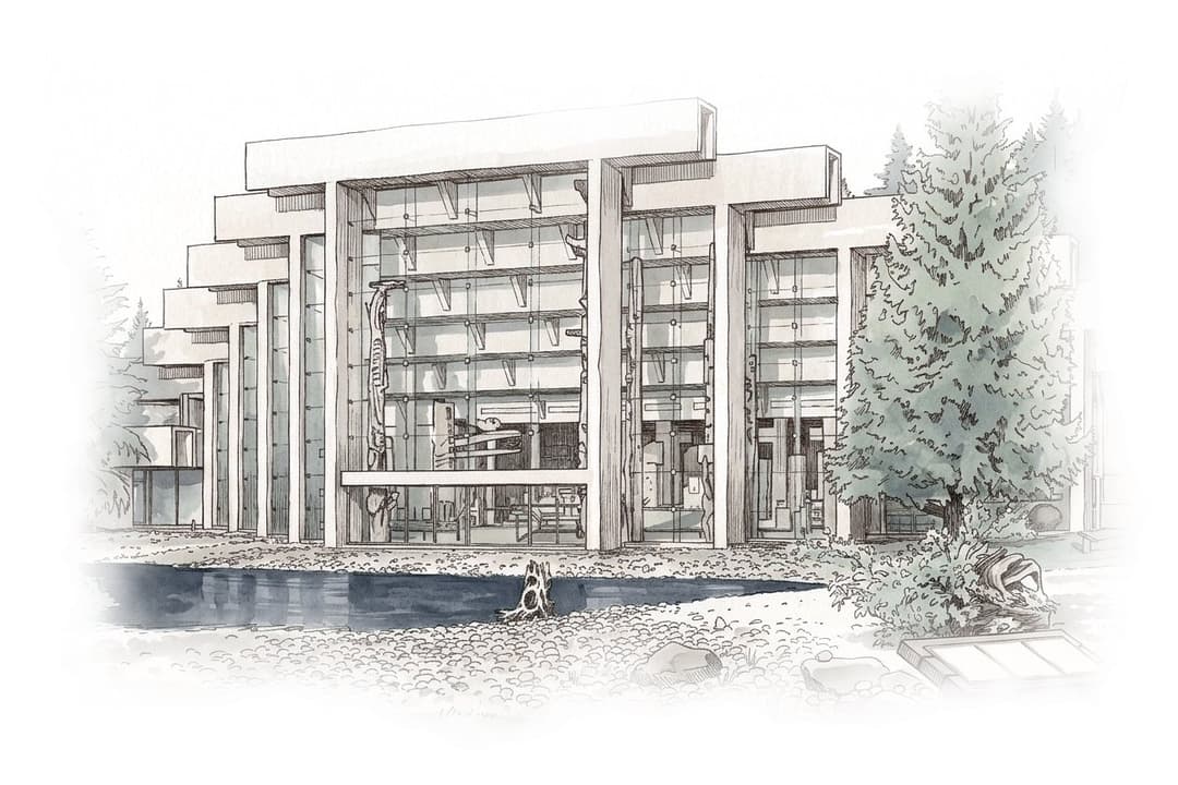 Ink and wash painting of Museum of Anthropology at UBC.