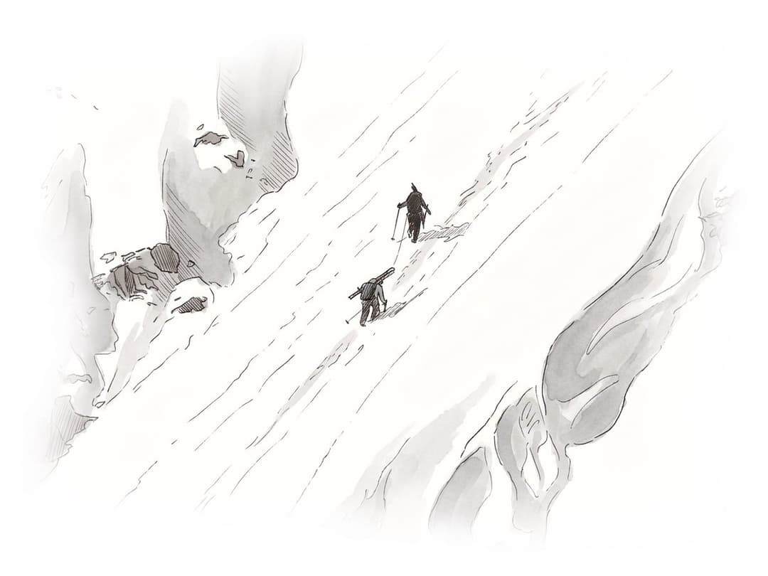 Ink and wash painting of Garibaldi Neve Traverse.
